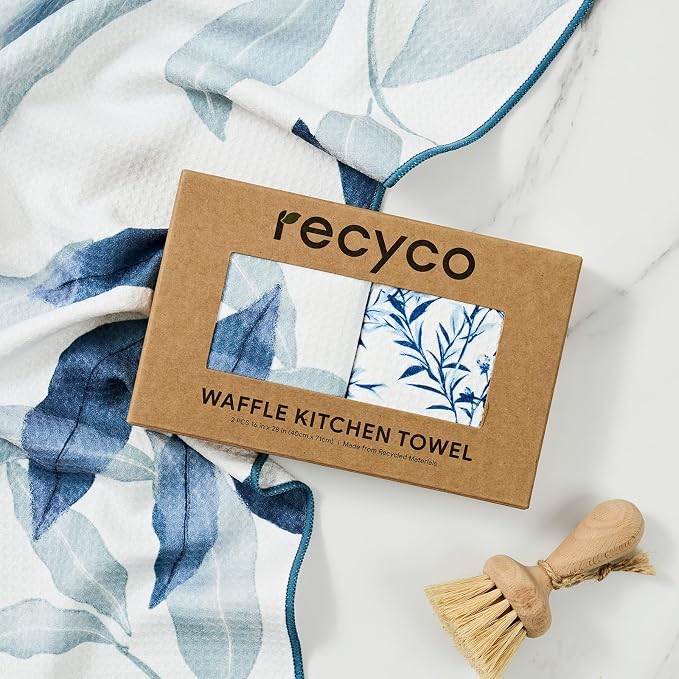 RECYCO Waffle Kitchen Towel Set of 2 - Quick Dry Microfiber Sustainable Dish Towels - Ultra Absorbent Reusable Cleaning Tea Towels - Lightweight Hand Towels,16”x 28”, Stormy Blue