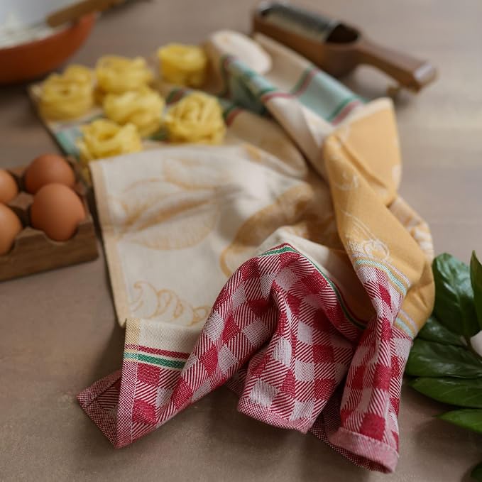 100% Cotton French Jacquard Kitchen Tea Towel Set of 4 - Italian & French Gourmet Kitchen Towels (Gourmet Moments)