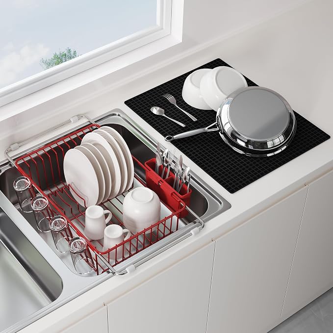 JASIWAY Red Dish Drying Rack in Sink with Mat, Cups and Utensil Holder | Use Over the Sink or Counter, Stainless Steel Expandable Dish Drainer for Small Kitchen, Space Saving, Fast Drain, Rustproof