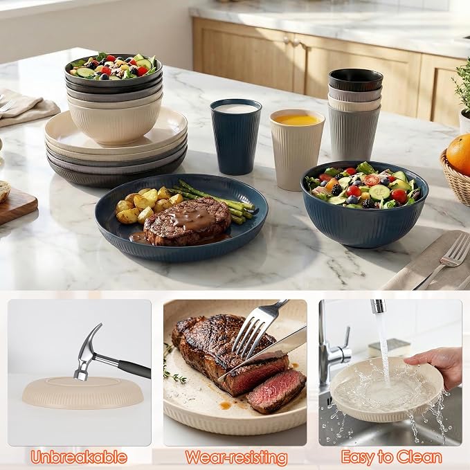 Wheat Straw Dinnerware Sets for 6 People 18pcs Camping Plates and Bowls Set | Unbreakable Dish Set Reusable Picnic Set, 23cm Plates sets, Cups sets, 15 cm bowls sets, Microwave and Dishwasher Safe