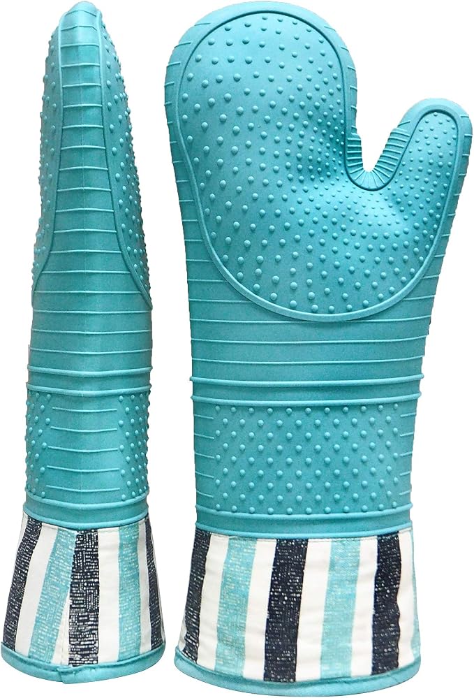 Heat Resistant 550 Degree Oven mitt, Silicone Oven Hot Mitts - 1 Pair | Extra Long Professional Baking Oven Gloves - Food Safe,Pot Holders Cooking,Grilling,Kitchen (Blue Mittens)
