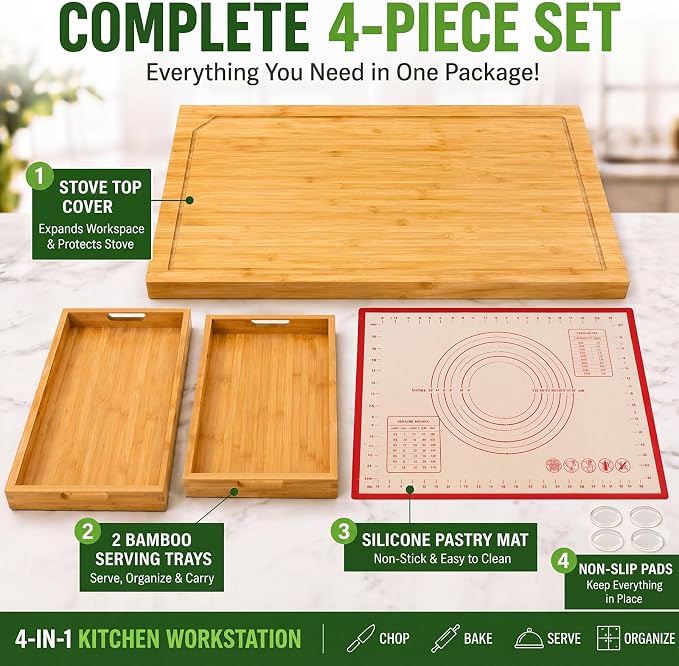 Bamboo Noodle Board Stove Top Cover 30x22 in Reversible 4-Piece Set | Wooden stovetop cover for gas & electric stove, cutting board with juice groove & handles, silicone mat, 2 trays, 8 pads