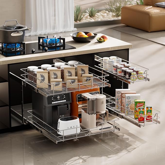 2 Tier Pull Out Cabinet Organizer 11" W X 17" D, Chromed, Full Slide Out | For Kitchen Organizers and Storage, Pull Out Drawers For Cabinets Capacity Heavy Duty Caddy, Cabinet Shelves, Bathroom Pantry