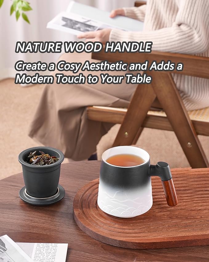 ZENS Tea Mug with Infuser and Lid for Loose Leaf Tea Steeper, 16.9oz White | Embossed Ceramic Tea Cup with Infuser for Herbal Tea Difussers, Tea Lovers Gifts, Nature Wood Handle