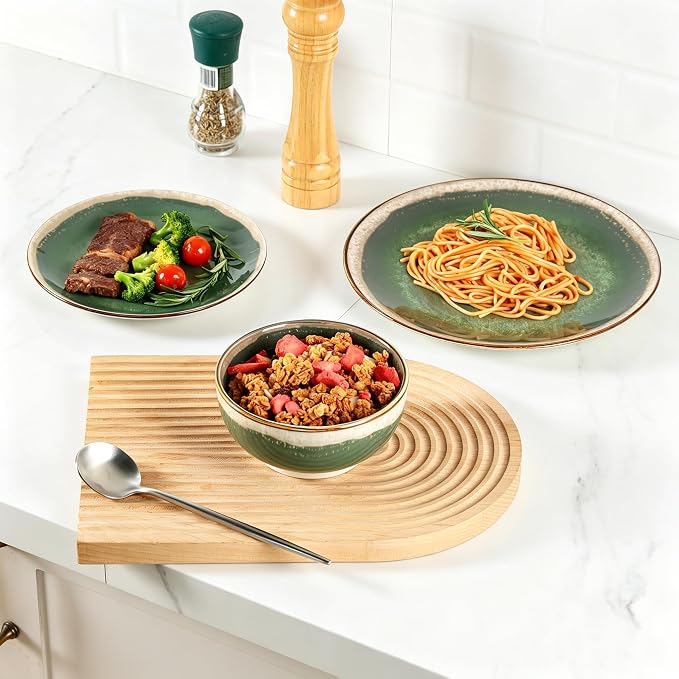 Sweejar 12 Pieces Ceramic Dinnerware Sets for 4, Moss Green | Gradient Glaze Plates and Bowls Set, Microwave & Dishwasher Safe, Stackable Dish Set, Scratch Resistant Dishware Sets