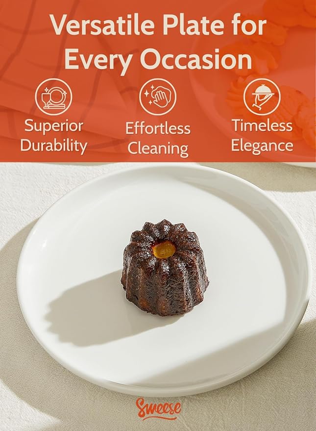Sweese 7.4 Inch Porcelain Dessert Plates, Set of 6 - Stackable, Microwave Oven Safe - White