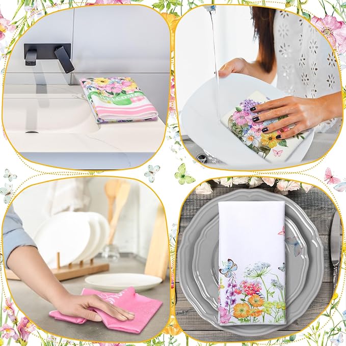 4 Pcs Floral Kitchen Towels Set Pink and White Hand Tea Towels | Butterfly Flower Dishcloths Fast Drying Absorbent Housewarming Gift for Cooking Kitchen Bathroom Decor