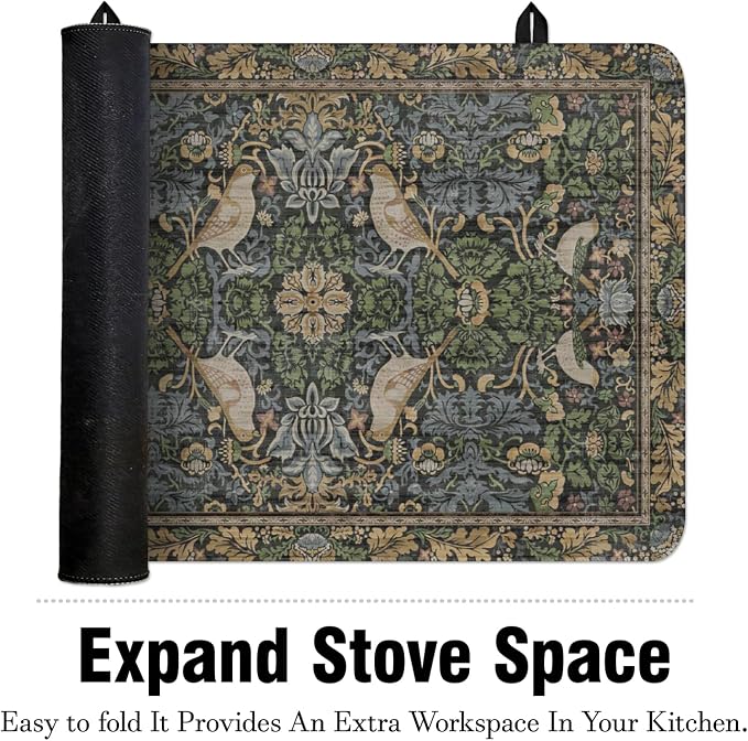 Boho Stove Top Cover for Electric Stoves,Vintage Bird & Botanical Floral Farmhouse Stove Top Cover for Kitchen Decor,Heat Resistant Cooktop Protector Mat,Non-Slip Washable Dish Drying Mat 28"x20"