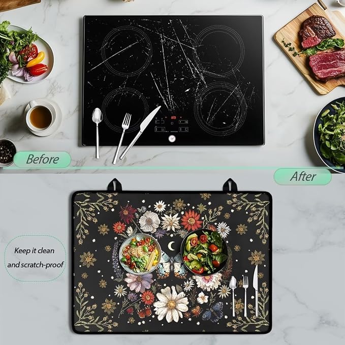 Butterfly Daisy Floral Plant Moon Print Electric Stove Top Cover 29.18 x 20.96 inch Silicone Cooktop Cover with Lanyards Coffee Machine Mat Stove Protector for Glass Top Stove