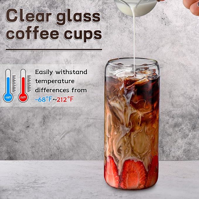 DWTS DANWEITESI Glass Cups “20oz”,Glass Cups with Lids and Straws 4 pcs-Coffee Cups,Drinking Glasses Set,Glass Tumbler with Straw and Lid Gift 2 Cleaning Brushes 600ml