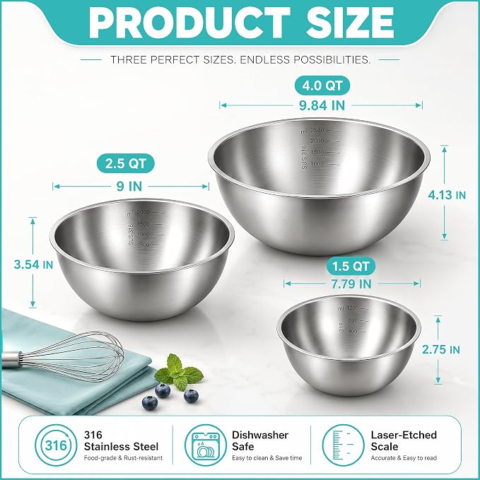 Stainless Steel Mixing Bowls Set of 3, 1.5/2.5/4 Qt Metal Mixing Bowl Set for Baking, Salad, Cooking & Meal Prep, Nesting Stainless Steel Bowls with Measurement Marks, Dishwasher Safe