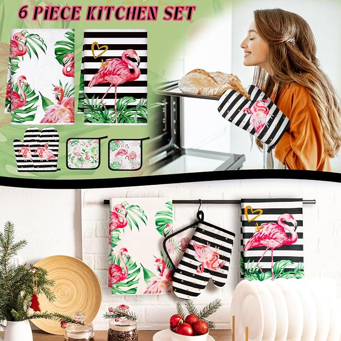 Bencailor 6 Pcs Flamingo Kitchen Towels Oven Mitts and Pot Holders Set Decorative Dish Towels Tea Washcloth Non Slip Heat Resistant Oven Gloves for Summer Home Cooking Baking, Pink