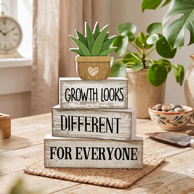 Lineshading 4 Pcs Growth Looks Different for Everyone Farmhouse Signs | Stacked Wood Blocks with Faux Succulent, Rustic White Inspirational Decor, Office Classroom Tiered Tray Teacher Gifts