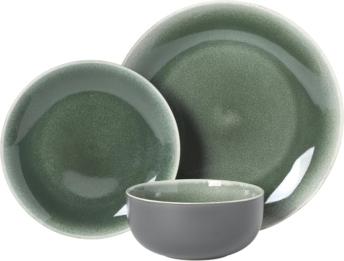 Gibson Elite Pine Coast Plates and Bowls Sets, 12-Piece Stoneware Dinnerware Sets, Reactive Glaze Dish Set - Green
