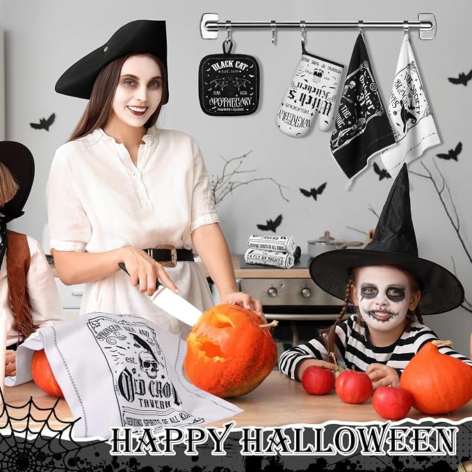 SiliFine 12 Pcs Halloween Kitchen Towels Oven Mitts Pot Holders Set | Gothic Witch Black Cat Skull Prints, Halloween Kitchen Accessories, Home Cooking Baking Protection, Holiday Decorations