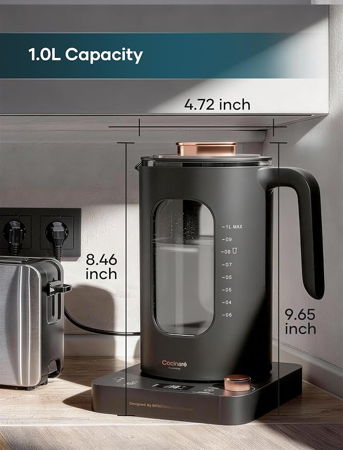 INTASTING Electric Kettle, Electric Tea Kettle with Infuser, 1 Liter | ±1℉ Temperature Control, 1200W Fast Heating, BPA-Free Glass, Easy to Clean, Keep-warm, Auto shut-off, Dark Gray