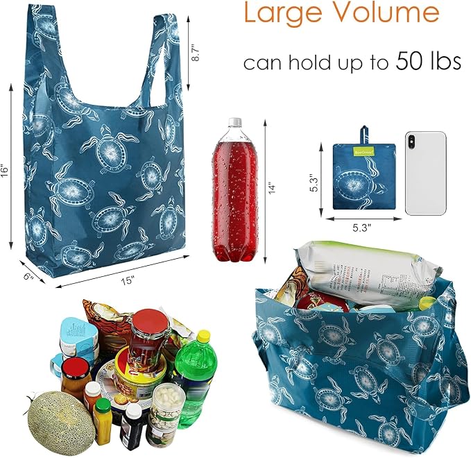 BeeGreen Animals Reusable Grocery Bags Turtle Peguins Flamingo Octopus Reusable Kitchen Bags Bulk Foldable-Machine Washable with Zipper Storage Pouch 6 Packs