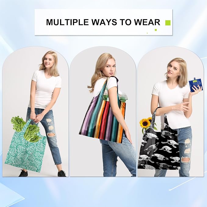 BeeGreen Geometry Reusable Shopping Bags Cute Grocery Bag 6 Pack, Christmas Gift Bags Heavy-Duty Foldable Shopping Totes for Supermarket, Work & Travel, Large Washable Polyester Tote Bag with Handles