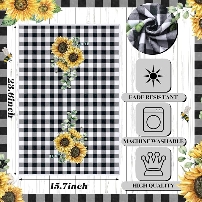 4 Pcs Sunflower Kitchen Towels Buffalo Plaid Towels Gifts | Black White Floral Hand Tea Dish Cloth Fast Drying Absorbent Housewarming Gift for Summer Xmas Home Cooking Kitchen Bathroom