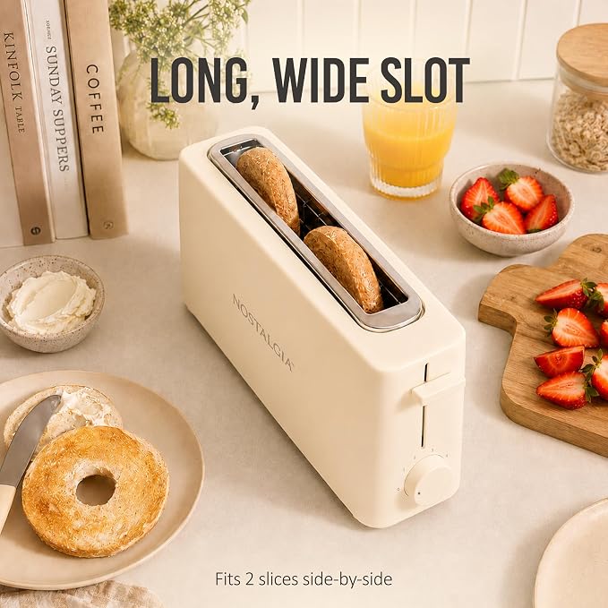 Nostalgia Slim 2-Slice Toaster – Wide Slot – Space-Saving Design – Adjustable Browning Dial – 10-inch Long Slot Fits 2 Slices of Bread or Bagel Halves – Drop-down Crumb Tray – Oatmeal