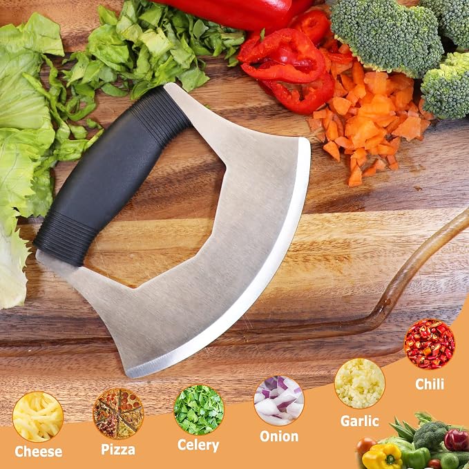 Salad Chopper Mezzaluna Knife with Protective Cover and Anti-Slip Handle - Stainless Steel Vegetable Cutter, Onion Chopper, Pizza Cutter