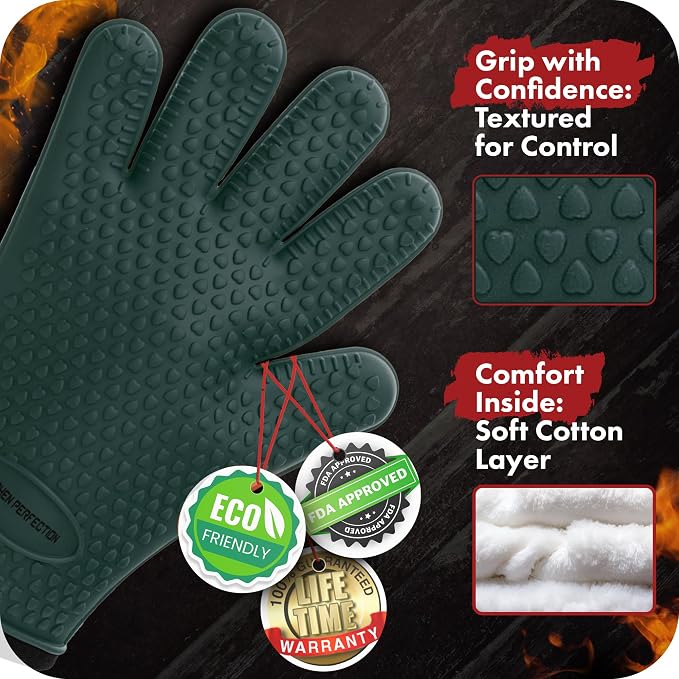 KITCHEN PERFECTION S Silicone Smoker BBQ Gloves - Heat Resistant Oven Mitts | Waterproof, 5-Finger Design For A Better Grip, for Pitmasters, Meat Smoking, Grilling, Cooking, Frying Turkey | Grill Gift