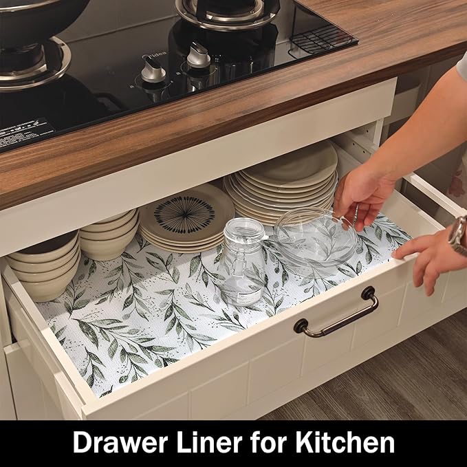 Shelf Liners Non Adhesive and Strong Non-Slip 16IN x 10FT | Shelf and Drawer Liners for Kitchen Cabinet Wire Fridge, Waterproof Shelf Drawer Liner,Easy to Clean,Green Leaf