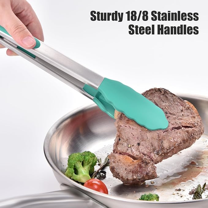 Doosu Kitchen Tongs with Silicone Tips for Cooking Serving (3Pcs, Aqua Sky) | 600°F Heat Resistant Food Tong, Heavy Duty Stainless Steel Locking Tong for BBQ, Grilling Steak, Salad, Toast, Pasta