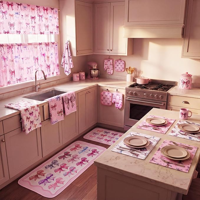 Fourluoo 16 Pcs Pink Leopard Kitchen Decor Set 4 Pink Kitchen Towels 2 Non Slip Rugs and Mats for Floor 2 Oven Mitts Gloves 2 Pot Holders 4 Placemats 2 Curtains for Home Decoration Women Gift