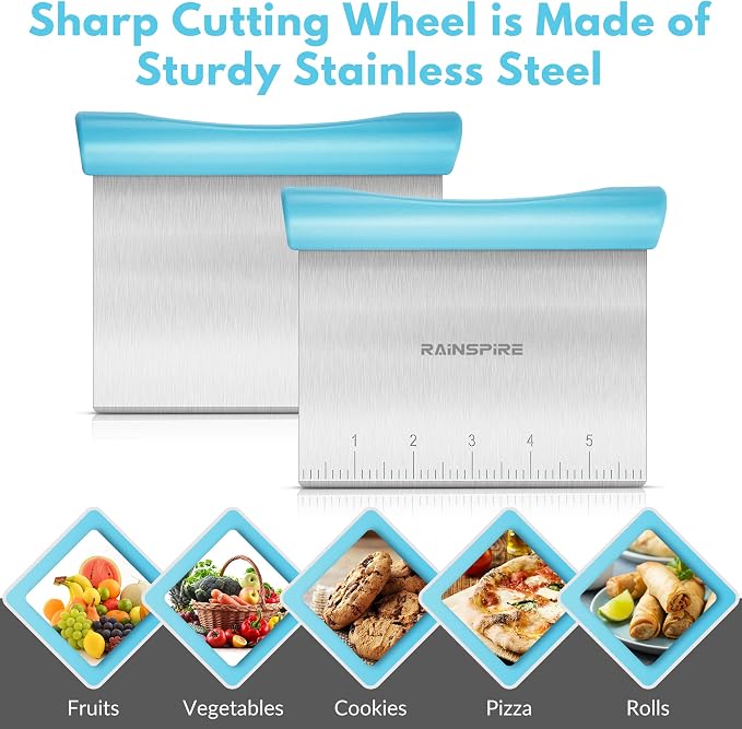 Upgraded 304 Stainless Steel Multi-Purpose Bench Scraper with Measurement Marks, Dishwasher Safe, Dough Cutter for Pizza, Bread and Cookie Dough Vegetable Chopper, Baking Supplies, Blue