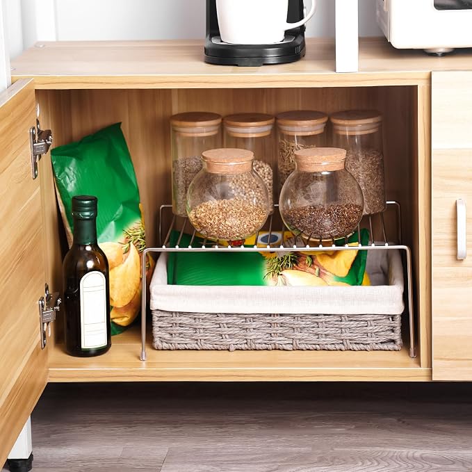 Tomorotec Expandable Kitchen Cabinet Organizer Stainless Steel Shelf Silver | Adjustable from 12.8 to 22.8 Inches Rustproof with Anti-Slip Feet for Pantry Bathroom Closet and Countertop Organization
