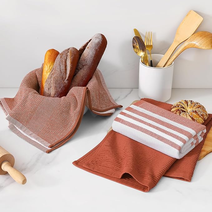 Homaxy Cotton 380 GSM Premium Kitchen Towels, 18"x 28", 6 Pack, Rust | Soft and Absorbent Terry Dish Towels, Multipurpose Tea Towel Set with Hanging Loop, 3 Styles Kitchen Hand Towels