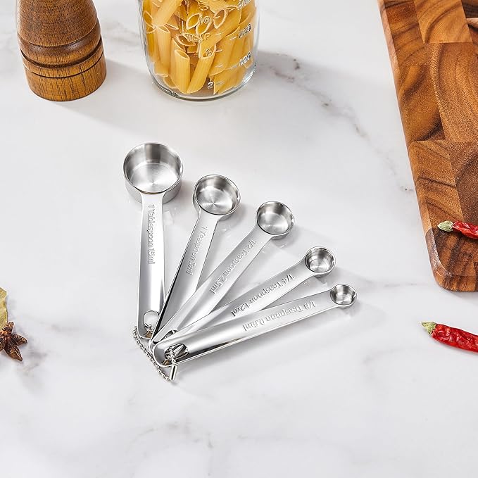 Premium 18/10 Measuring Spoons Set (Silver, 5PC Measuring Spoons) | 18/10 Stainless Steel; 1/8 Tsp to 1 Tbsp; Extrat-Long Handles; Stackable; Dishwasher Safe for Baking and Cooking.