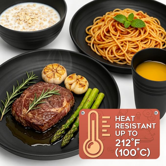 HOTEC 24-Pack Unbreakable Kitchen Plastic Wheat Straw Dinnerware Set – BPA-Free Plates, Bowls & Cups | Lightweight, Microwave & Dishwasher Safe | Black Reusable Tableware for Home & Outdoor Use