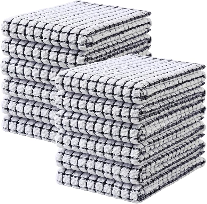 Mordimy Premium Cotton Kitchen Towels 16"x 25", Black Check Design, 12 Pack | Super Absorbent Terry Kitchen Hand Towels, Large Natural Ring Spun 360 GSM Dish Towels, Soft Tea Towels with Hanging Loop