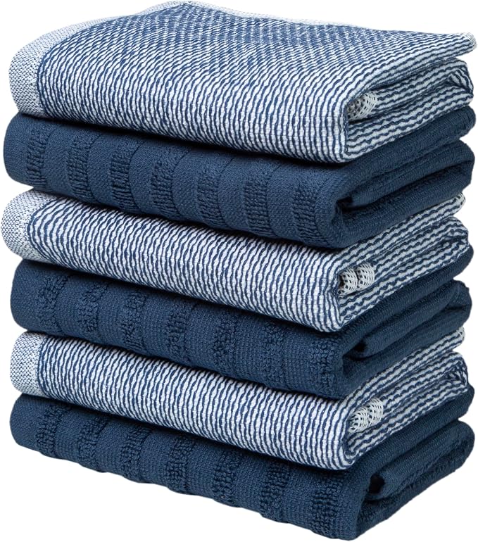 Bumble Premium Dish Cloths 13"x13" (6 Pack) | 100% Natural Ring Spun Cotton | 400 GSM | Highly Absorbent & Soft |Yarn Dyed & Solid Dyed Terry Dish Cloth Set - Blue