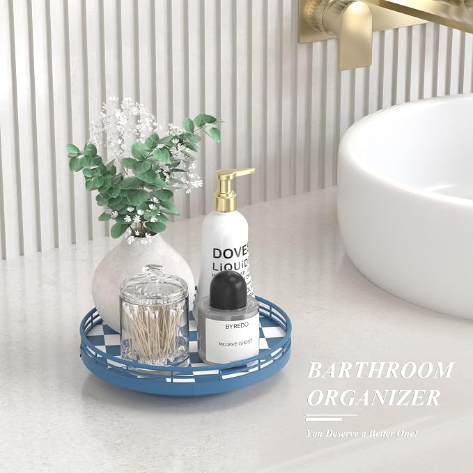 Blue and White Checkerboard Lazy Susan with Rubberwood Base and Metal Rail | Smooth rotating oak tray with walnut finish for dining tables, kitchen counters, pantries and cabinet storage.