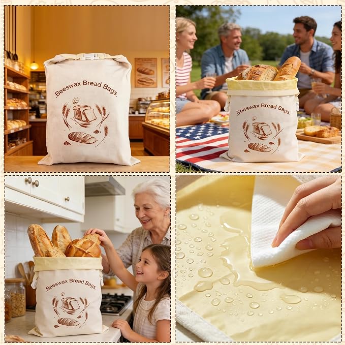 Beeswax Bread Bags 2 Pack, XL 13x17 In, Keep Homemade Sourdough Fresh | WSYDKNS Keep sourdough fresh longer, reusable linen cotton, beeswax lining, easy cold water wash, fit homemade loaf