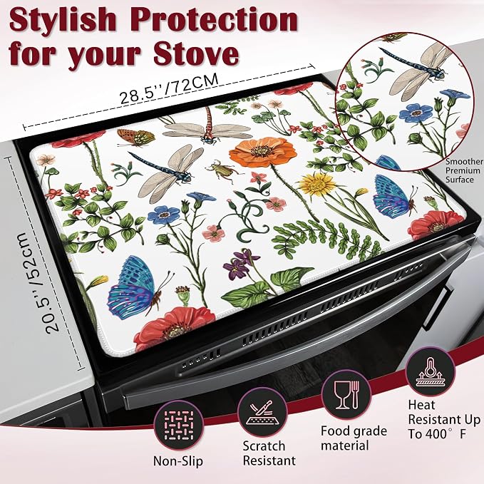 Dragonfly Butterfly Botanical Stove Top Cover for Electric, Glass Ceramic Stove Cover, Heat Resistant Flat Stovetop Protector, Dish Drying Mats for Kitchen