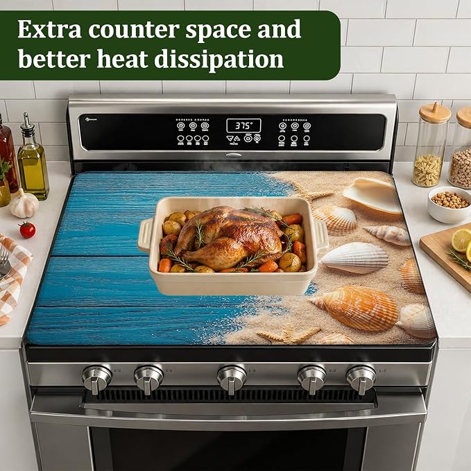 Beach Seashells Starfish Stove Top Cover Glass Cooktop Heat Resistant Cover,Ceramic Stove Top Covers Mat Prevents Scratching Stoves/Counter/Washer Protector,28.5x20.5 in