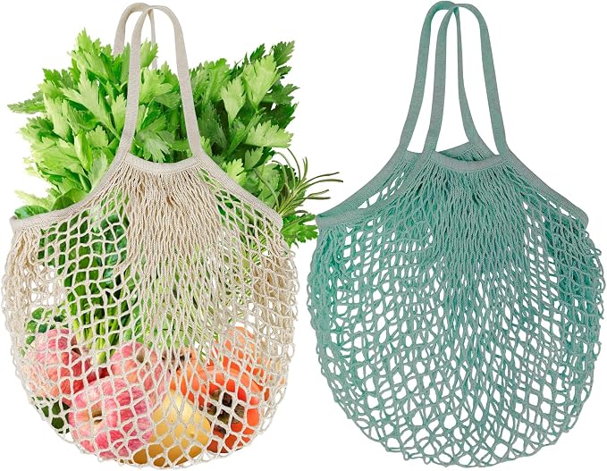 2-Pack Reusable Mesh Grocery Bags, 100% Cotton String, Long Handle Produce Bags, Fruit & Veggie Storage