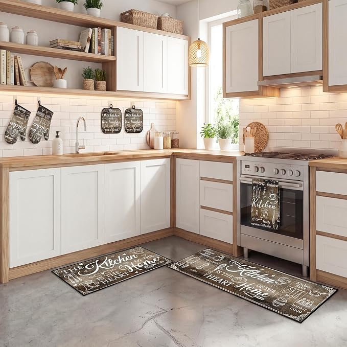 10 Pcs Kitchen Decor and Accessories Set, Vintage Rustic | Grunge Gray Brown 4 Dish Towels Kitchen Rugs 2 Oven Mitts 2 Pot Holders, Home Decor for Cooking Baking BBQ Housewarming