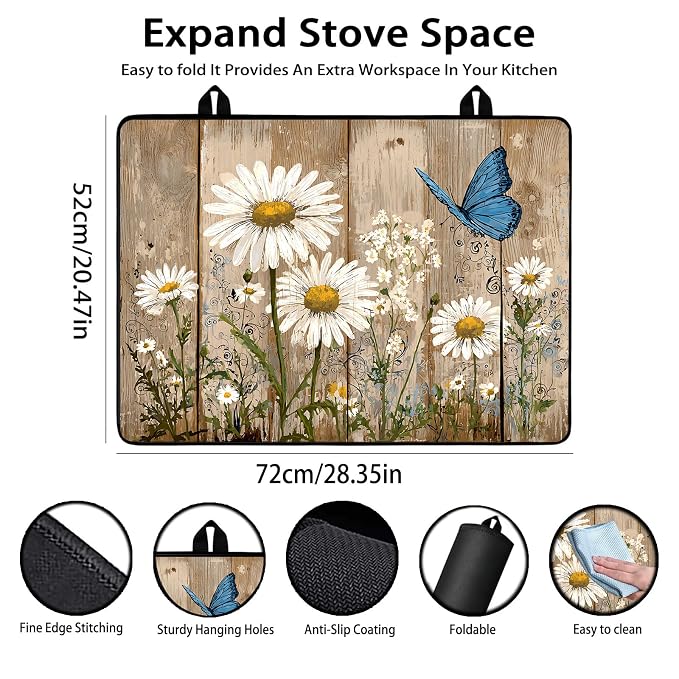 Electric Stove Top Cover for Glass Top, Daisy Butterfly Floral – Heat Resistant Flat Stove Top Covers, Decorative Scratch Protector Mat for Glass Ceramic Cooktop, Non-Slip, 28"x20"
