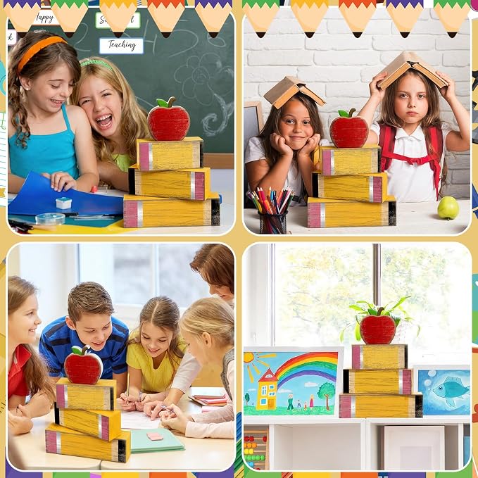 Lineshading 4 Pcs Back To School Table Decor Wooden Apple Block Signs | Back to School Teacher Decor, Pencil Apple Blocks for Classroom Tiered Tray, Rustic Farmhouse Tabletop Signs Gift
