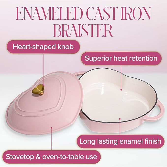 Paris Hilton Enameled Cast Iron Braiser, Heart-Shaped Skillet with Lid, Superior Heat Retention Casserole, Stovetop and Oven-to-Table, 3.5-Quart, Pink