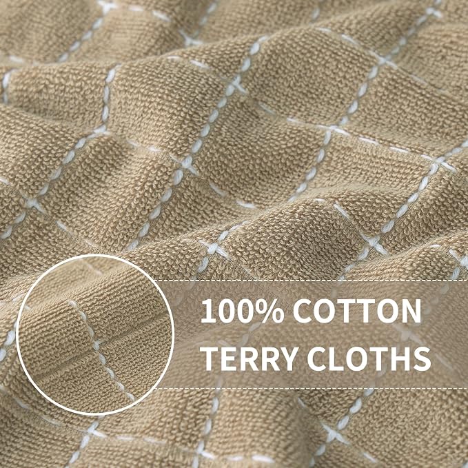 Homaxy Kitchen Towels and Dishcloths Set, Set of 16, Tan | Bulk Cotton Terry Kitchen Towels, Checkered Designed, Soft and Super Absorbent Dish Towels, 12 x 12 and 13 x 28 Inches