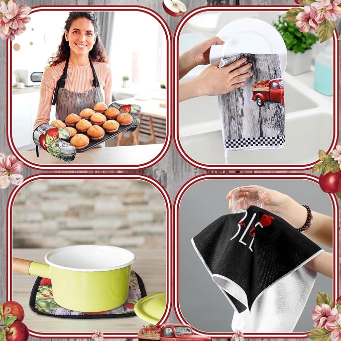 Fourluoo 10 Pcs Apple Kitchen Decor Set Apple Kitchen Rugs and Towels Oven Mitts and Pot Holders Sets for for Cooking Baking Mom Housewarming Gifts
