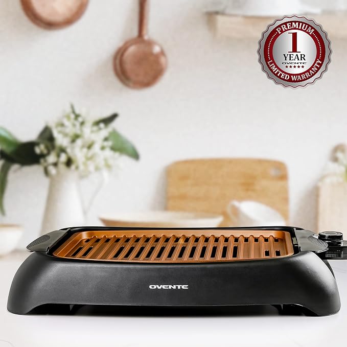 OVENTE Electric Indoor Grill, 13x10 Inch Non-Stick Plate, Copper GD1632NLCO | 1000W Fast Heat Up Power, Adjustable Temperature, Removable and Dishwasher Safe Grilling Plate and Drip Tray