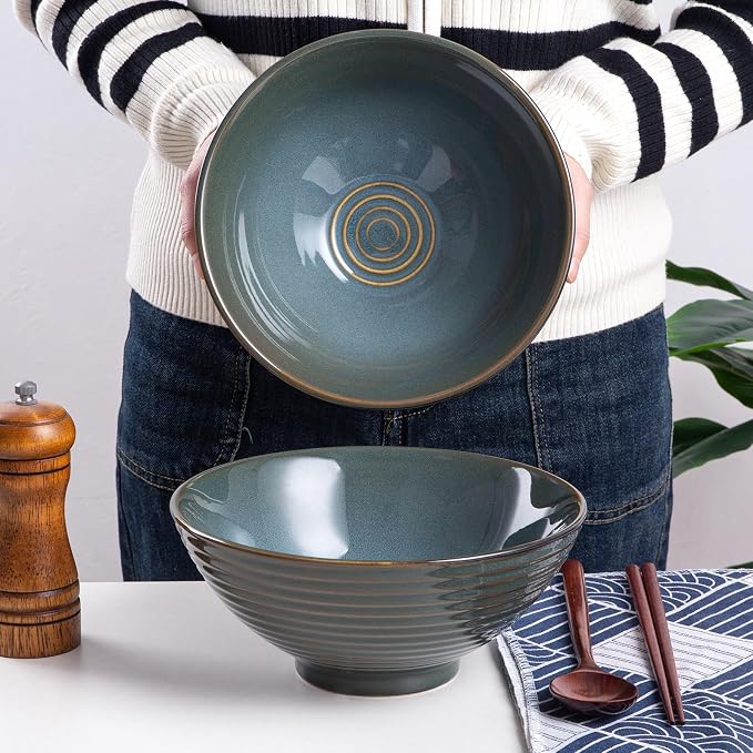 Ceramic Japanese Ramen Bowl Set, 2 Sets Asian Pho Udon Soup Noodle Bowls with Spoons and Chopsticks (Olive Green, 8 inches)