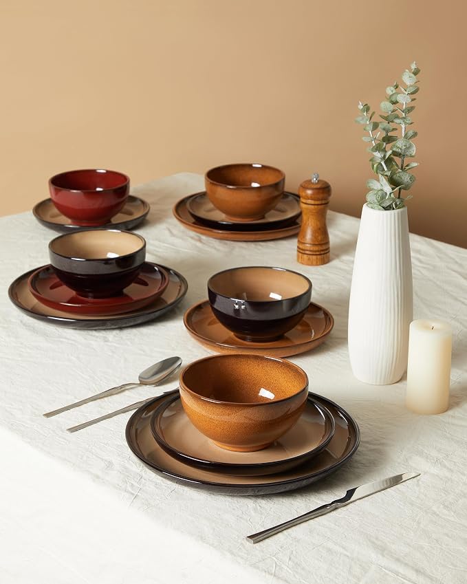 Santorini Mist Terracotta Reactive Glaze Plates and Bowls Sets, Stoneware Dinnerware Sets, Microwave and Dishwasher Safe Ceramic Dish Set Service for 4, Caramel Brown